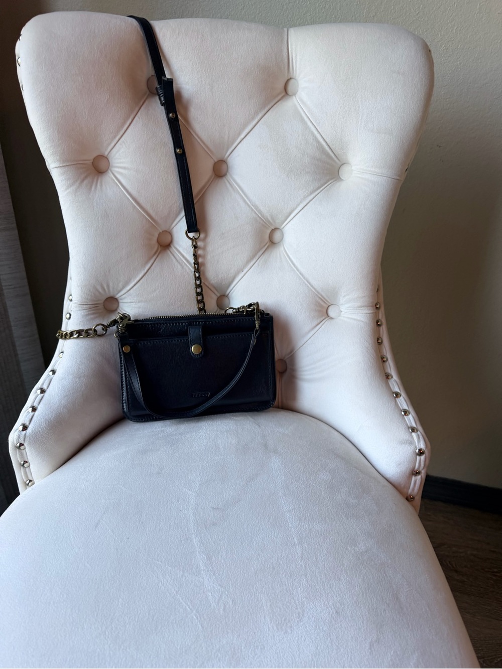 Minoy Black Leather Crossbody Bag Convertible Wristlet Brass Chain Minimalist